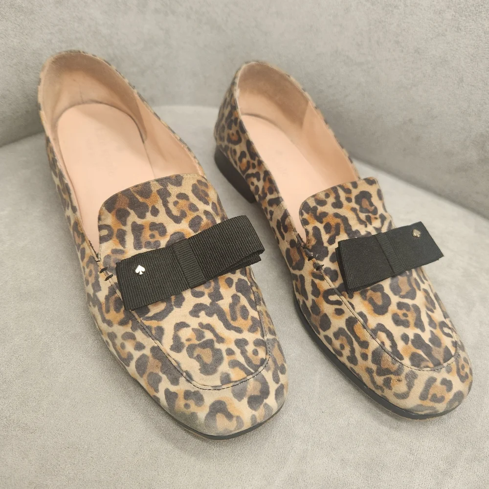 Kate Spade Loafers 8.5 Leopard Tan Leather Daphne Black Bow Logo Animal Print